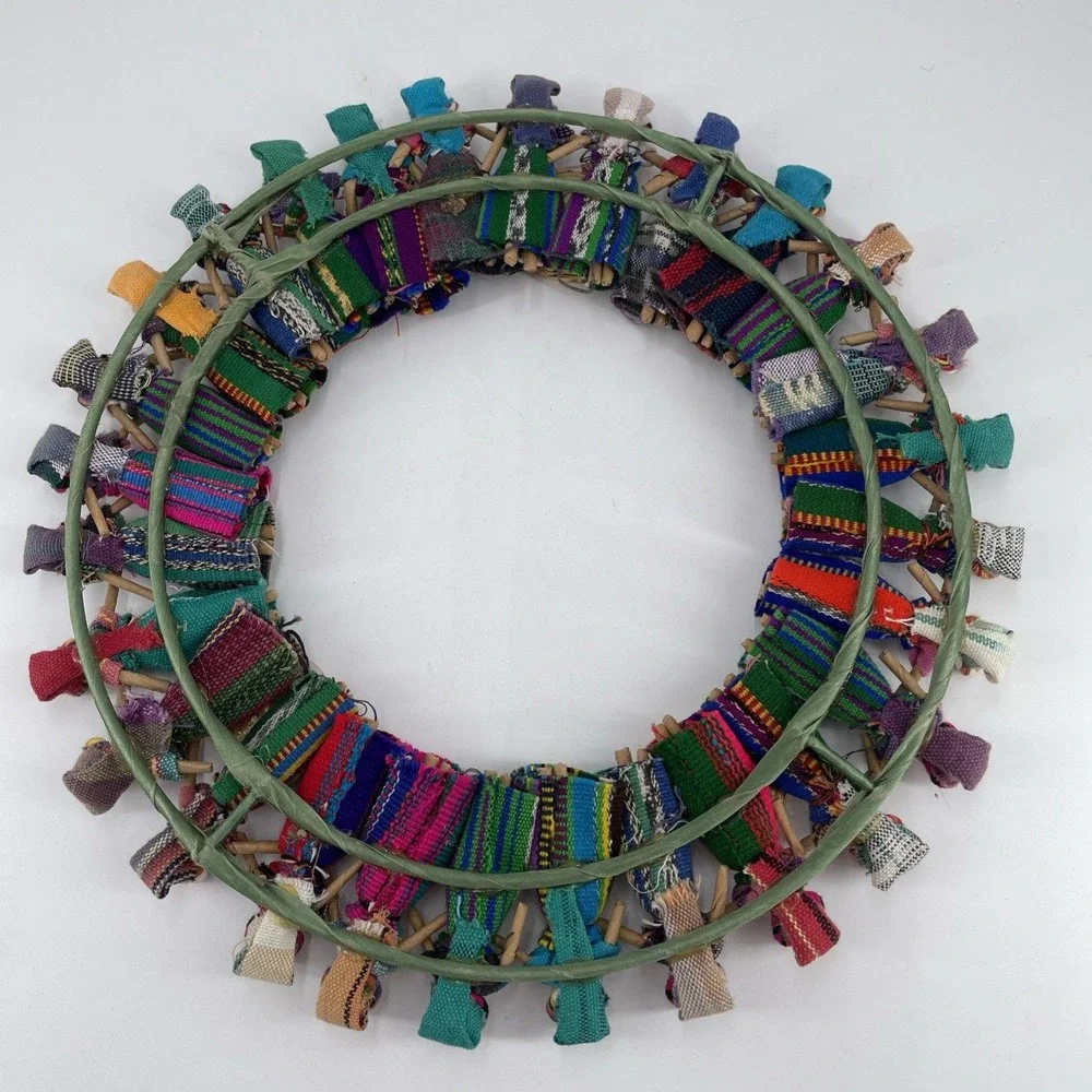 Handmade Guatemalan Worry Doll Wreath 12.5in Colorful FolkArt Wall Hanging Decor